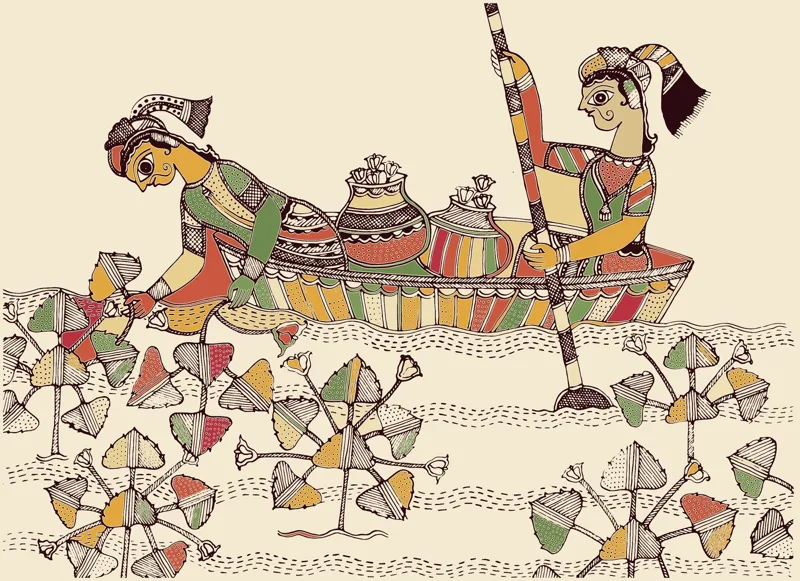 Madhubani painting of two women in a boat bringing the singhara harvest to shore
